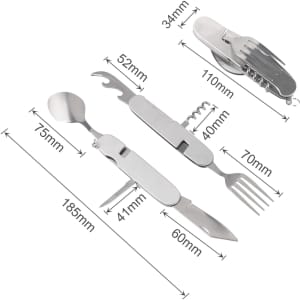 A stainless steel camping cutlery tool featuring a spoon, fork, knife, can opener, and corkscrew with a compact design.