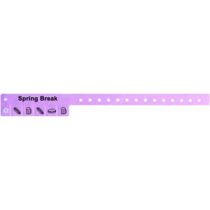 A purple tabbed disposable PVC wristband with round holes and a logo, suitable for events and exhibitions.
