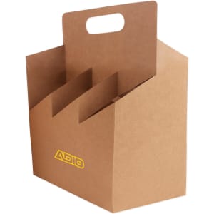 A brown portable wine box with sections for holding six bottles, featuring a handle and a logo.