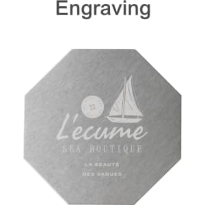 An octagonal metal coaster featuring a silver finish and a logo with a sailboat design.