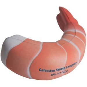 A pink and white shrimp-shaped stress reliever with a logo on the side.
