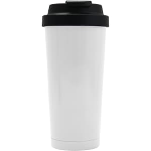 A drink bottle in white with a black lid, featuring a logo on the side.