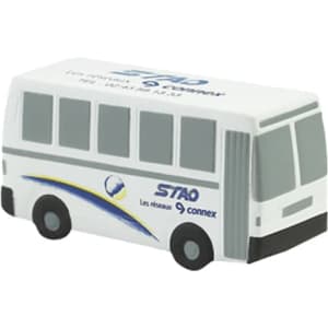 A white stress reliever shaped like a city bus, featuring windows and a branded design.