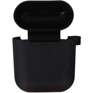 A black silicone case for AirPods, featuring a lid that opens at the top and includes a hook for attachment.