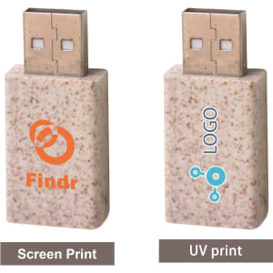 A wheat straw USB data blocker in beige with a textured surface and a logo. Features two print options.