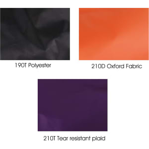 Three fabric swatches: black 190T polyester, orange 210D Oxford fabric, and purple 210D tear-resistant plaid.