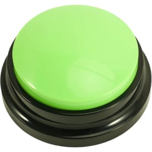 A green voice recording button with a glossy finish, set on a black base. It has a logo on the surface.