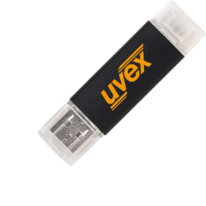 A double-ended Type C flash drive in black and clear, featuring a logo.