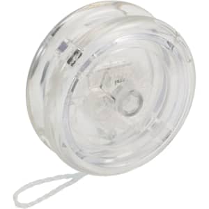 A transparent yoyo with a white string, featuring a circular design and a central axle.