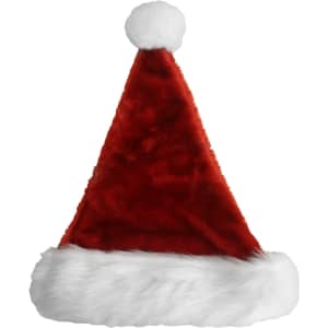 A red plush Santa hat with a white faux fur trim and a fluffy white pom-pom on top.