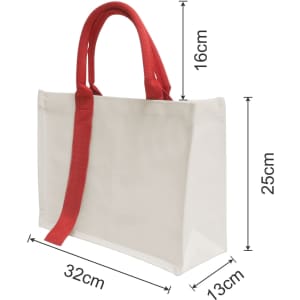 A horizontal canvas tote bag in cream with red handles, featuring dimensions of 32cm x 16cm x 25cm.