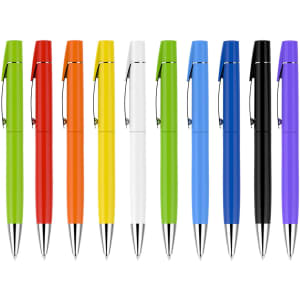 A collection of ten pens in green, red, orange, yellow, white, light green, blue, black, and purple, featuring a logo.