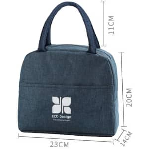 A navy blue cooler lunch bag with handles and a front pocket, featuring a logo on the side.