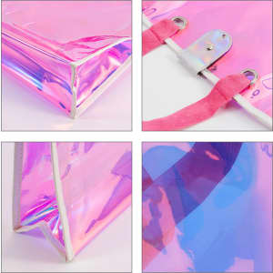 An iridescent clear tote bag with pink accents, featuring a shiny finish and sturdy handles. It has a logo on the side.