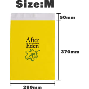 A medium biodegradable mailer bag in yellow with a logo, featuring dimensions of 280mm x 370mm x 50mm.