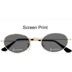 Oval retro sunglasses with a gold frame and dark lenses, featuring black temple arms and a logo.