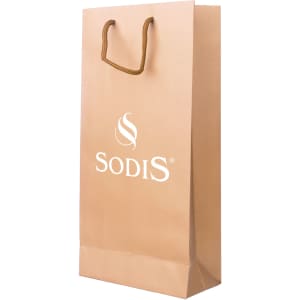 A drink bottle paper bag in brown with a twisted handle and a logo on the front. Dimensions: 175x360x85mm.