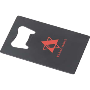 A black card-shaped bottle opener with a cut-out for opening bottles and a logo on one side.