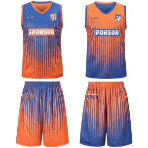 A set of unisex basketball shorts and jersey in orange and blue with a logo and a striped design.