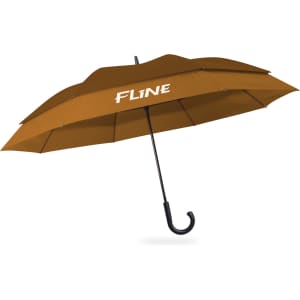 An expandable golf umbrella in a rich brown colour featuring a hook handle and a logo.