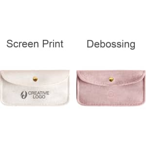 A velvet glasses pouch in light pink and white, featuring a logo and a clasp closure.