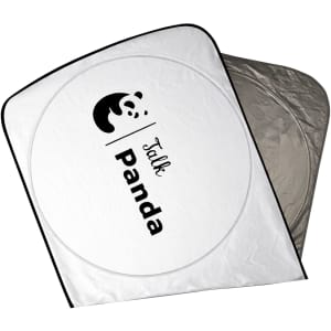 A round, white sun shade with a silver interior and a black panda logo on one side.