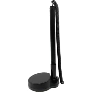 A black fixed signature pen with a coiled cord attached to a round base.