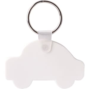 A white keyring shaped like a car, attached to a metal ring for keys.