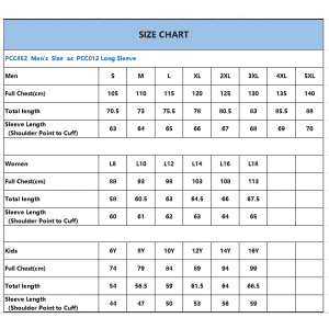 A size chart detailing measurements for men's, women's, and kids' clothing, including various sizes and length specifications.