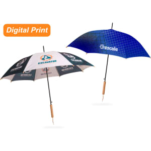 An RPET umbrella featuring a straight handle, one side in blue with a logo, the other in white with a different design.