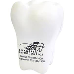 A white tooth-shaped stress reliever with a logo, designed as a fun stress keyring.