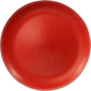 A round, red stress reliever in the shape of a cell, featuring a smooth surface and a logo.