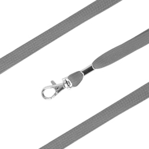 A grey bootlace lanyard with a silver clip and textured surface, featuring a logo on the material.