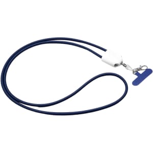 A navy blue charging phone lanyard with a white attachment and a silver clip. It features a logo.