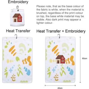 A waffle golf towel featuring a vibrant design with various shapes and colours, predominantly white with colourful prints.