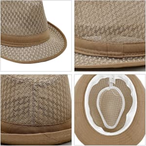 A tan mesh top hat featuring a breathable design, showing different angles and the interior lining.