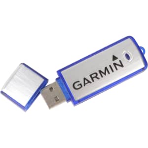A blue and silver USB flash drive with a cap and a logo. It has a rectangular shape and a standard USB connector.