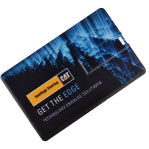 A black credit card-sized flash drive featuring a blue abstract design and a logo.
