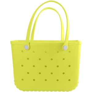 A yellow EVA beach bag with perforated design and two sturdy handles, featuring a simple logo.