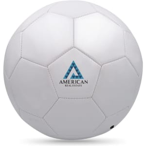 A white promotional soccer ball featuring a logo on one side. The ball has a classic pentagonal design.