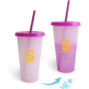 A plastic colour-changing cup with a purple lid and straw, showcasing a gradient effect from white to purple.