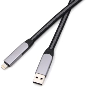A long braided charging cable in black and silver with USB and Lightning connectors. Features a branding logo.