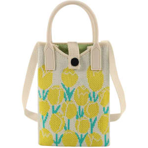 A knitted phone crossbody bag in white with a yellow tulip pattern and lightweight handles. Features a logo on the side.