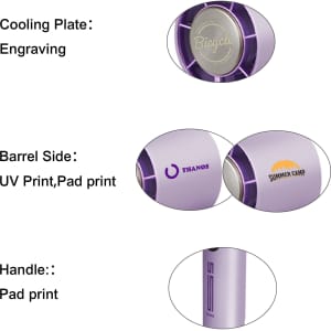 A purple cooling fan featuring a handle and various printed designs. It includes an engraved cooling plate.