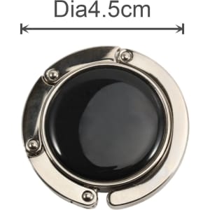 A round, foldable desk hook in shiny silver with a black centre, measuring 4.5 cm in diameter.
