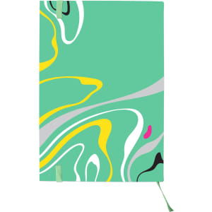 A5 full colour notebook features a vibrant abstract design in green, yellow, and pink with a matching ribbon bookmark.