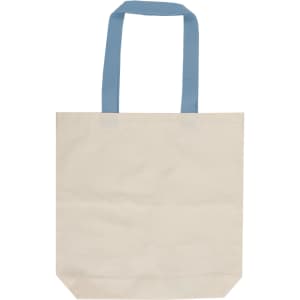 A beige canvas tote bag with blue handles and a simple design, featuring a logo.