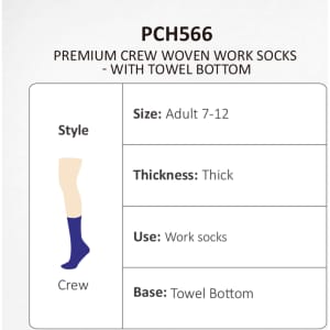 Premium crew woven work socks in navy blue with a towel bottom, suitable for adult sizes 7-12.
