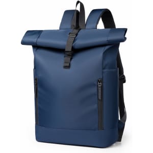 A navy blue roll top laptop backpack with black zippers and adjustable straps, featuring a sleek, modern design.