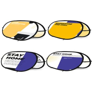 Oval-shaped pop-up banners in yellow, black, and purple, featuring various designs and a logo.